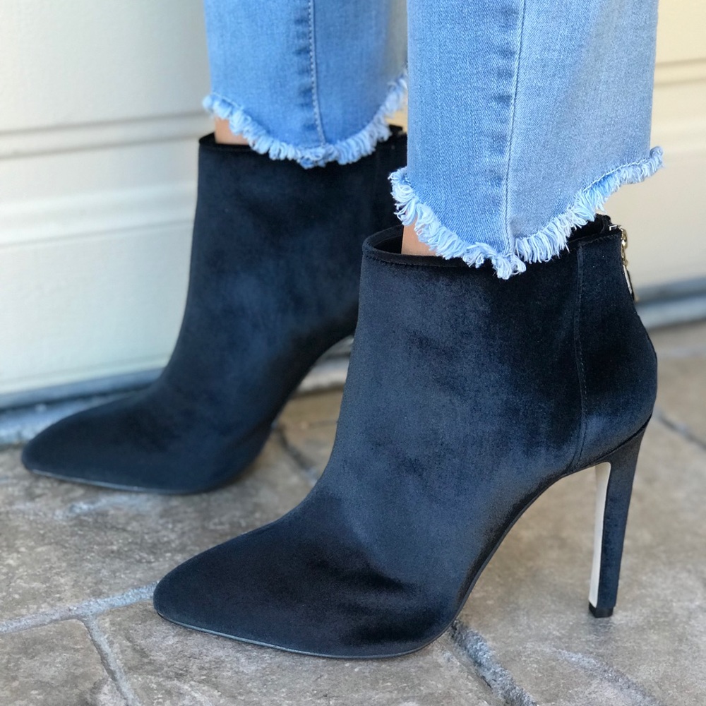 Black Velvet Pointy Toe Stiletto Heel Ankle Boots - Picture 2 of 8